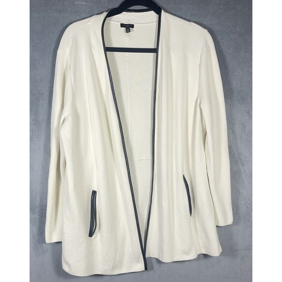 Talbots Sweaters - Talbots 1X Cardigan Sweater Long Open Faux‎ Leather Trim Women's Cream